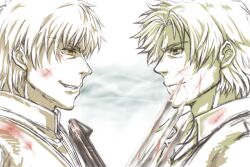  2boys black_keys_(type-moon) blood commentary_request emiya_kiritsugu facial_hair fate/zero fate_(series) foulzastin green_eyes gun handgun kotomine_kirei male_focus multiple_boys spot_color stubble symmetry thompson/center_contender weapon yellow_eyes 