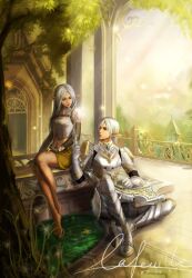  1boy armor barefoot commentary_request dress elf elf_(lineage_2) female geminibluedream harp instrument lineage lineage_2 long_hair long_legs photoshop_(medium) player_character_(lineage_2) pointy_ears white_hair 