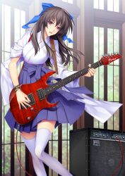  440_(straight440) amplifier black_hair blush brand_name_imitation cable commentary_request electric_guitar female guitar ibanez instrument japanese_clothes long_hair open_mouth original red_eyes skirt smile solo thighhighs 