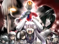  6+girls animal_ears arm_up armpits ascot black_eyes black_hair blazer blonde_hair blood blood_in_mouth blood_on_face bow braid breasts brown_hair carrying cigarette closed_eyes commentary_request crying crying_with_eyes_open detached_sleeves dog_ears dress ex-keine fujiwara_no_mokou glowing glowing_eye grin hair_ribbon hair_tubes hairbow hakurei_reimu hat hat_bow highres horns houraisan_kaguya ibuki_suika inaba_tewi izayoi_sakuya jacket kamishirasawa_keine kemonomimi_mode kirisame_marisa long_hair medium_breasts mini_person minigirl multiple_girls necktie nurse_cap on_head one_eye_closed open_mouth princess_carry projected_inset purple_hair rabbit_ears red_eyes reisen_udongein_inaba ribbon short_hair sideboob single_braid smile smoke suspenders tears touhou white_hair witch_hat yagokoro_eirin yellow_eyes yoshike~to 