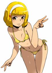  bad_id bad_pixiv_id bikini blonde_hair blush double_v female hairband navel precure rumo short_hair smile smile_precure solo swimsuit thigh_gap v white_hairband yayoi_kise yellow_bikini yellow_eyes 