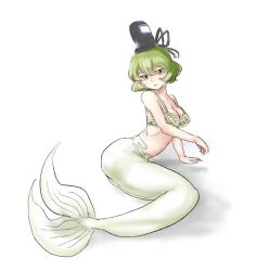  bra breasts cleavage commentary_request female green_bra green_eyes green_hair hat kitayuki_kajika medium_breasts mermaid monster_girl monsterification short_hair soga_no_tojiko solo tate_eboshi touhou underwear 