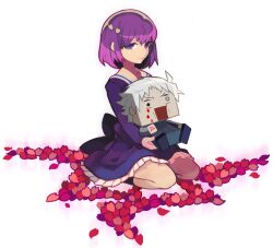  1boy bad_id bad_pixiv_id blood blood_from_eyes command_spell commentary_request fate/zero fate_(series) female graphig kneeling matou_kariya matou_sakura petals purple_eyes purple_hair santou_suihei short_hair uncle_and_niece white_hair 