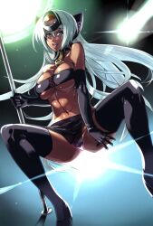  akinaie black_thighhighs blue_eyes blue_hair breasts cleavage commentary_request dark-skinned_female dark_skin elbow_gloves female gloves large_breasts long_hair pole pole_dancing solo stripper_pole t-elos thighhighs underboob xenosaga 