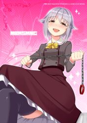  black_thighhighs blush brown_eyes chains collar commentary_request copyright_name crossed_legs female hair_ornament hairclip idolmaster idolmaster_cinderella_girls koshimizu_sachiko open_mouth photoshop_(medium) short_hair sitting skirt smile solo sugar_(sugarless) thighhighs 