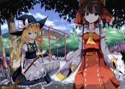  2girls :d bare_shoulders blonde_hair bow braid broom brown_hair commentary_request detached_sleeves gohei hair_tubes hakurei_reimu hat hat_bow hidaka_kouyou holding kirisame_marisa long_hair multiple_girls open_mouth outdoors red_eyes sitting smile touhou tree underwear witch_hat yellow_eyes 