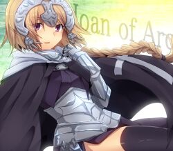  armor armored_dress blonde_hair braid cape commentary_request dress fate/apocrypha fate/zero fate_(series) female gauntlets headpiece jeanne_d&#039;arc_(fate) jeanne_d&#039;arc_(ruler)_(fate) long_hair marimo_danshaku purple_eyes single_braid solo thighhighs 