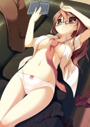  amakara_surume bad_id bad_pixiv_id book breasts brown_eyes couch female glasses long_hair lying medium_breasts navel necktie on_back open_clothes open_shirt original panties photoshop_(medium) red_hair semi-rimless_eyewear shirt solo under-rim_eyewear underwear white_panties 