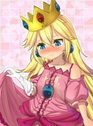  age_regression aged_down bad_id bare_shoulders blonde_hair blue_eyes blush clothes_lift crown crying crying_with_eyes_open dress dress_lift earrings female flat_chest gloves heart jewelry long_hair magister mario_(series) pink_dress princess_peach single_glove solo tears white_gloves 