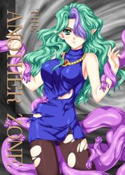  aqua_eyes aqua_hair commentary_request dress female jewelry long_hair misery_(outer_zone) multicolored_hair necklace open_mouth outer_zone pantyhose photoshop_(medium) pointy_ears short_dress solo tamiya_akito tentacle torn_clothes torn_pantyhose two-tone_hair wavy_hair 