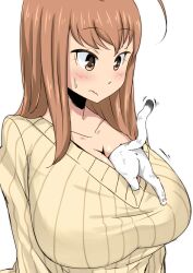  :/ ahoge animal animal_between_breasts between_breasts blush breasts brown_eyes brown_hair cleavage collarbone commentary_request feline female highres huge_ahoge huge_breasts komusou_(jinrikisha) ooba_minori original ribbed_sweater solo striped sweater upper_body wavy_mouth x_anus 