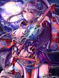  arm_guards armband armor bikini_armor breasts cleavage commentary_request detached_sleeves female floral_print full_moon inaba_ittetsu_(sengoku_saga) katana large_breasts lips long_hair midriff moon navel obi official_art photoshop_(medium) pisuke ponytail purple_hair red_eyes sash sengoku_saga sheath sidelocks solo sword thighhighs unsheathing very_long_hair weapon white_thighhighs 