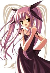  blush dress female hair_ribbon hand_on_own_hip kousaka_alice kyogoku_shin long_hair one-piece_tan pink_hair pointing ribbon solo suigetsu tan tanlines twintails very_long_hair yellow_eyes 