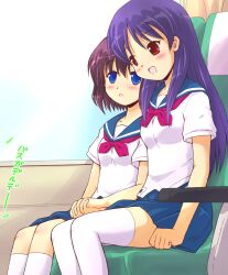  2girls bad_id bad_pixiv_id blue_eyes blush haikuro holding_hands interlocked_fingers long_hair multiple_girls onjouji_toki purple_hair saki_(manga) saki_achiga-hen school_uniform senriyama_school_uniform serafuku shimizudani_ryuuka short_hair short_sleeves sitting skirt smile thighhighs 