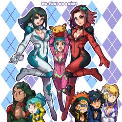  3girls 5boys \n/ alternate_costume bad_id bad_pixiv_id black_hair blue_hair bodysuit boots breasts carly_nagisa character_request cleavage crow_hogan earrings english_text fingerless_gloves fudo_yusei glasses gloves green_hair headband izayoi_aki jack_atlas jewelry lua_(yu-gi-oh!) luca_(yu-gi-oh!) mayday medium_breasts multicolored_hair multiple_boys multiple_girls necklace orange_hair overalls pectoral_cleavage pectorals photoshop_(medium) pikachu pokemon pokemon_(creature) purple_hair tattoo unworn_eyewear yu-gi-oh! yu-gi-oh!_5d&#039;s 