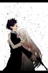  1boy black_hair commentary_request couple crying dress emiya_kiritsugu facial_hair fate/zero fate_(series) female gun handgun highres hug husband_and_wife irisviel_von_einzbern irisviel_von_einzbern_(angel&#039;s_song) letterboxed long_hair monaka straight stubble tears thompson/center_contender weapon white_hair 