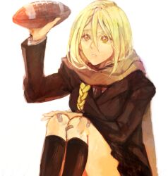  american_football_(object) ball bandaid bandaid_on_knee bandaid_on_leg black_socks blonde_hair braid commentary_request eyeshield_21 female goshi kneehighs koizumi_karin lipstick long_hair makeup scarf school_uniform sitting skirt socks solo yellow_eyes 