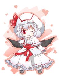  bat_wings bow bracelet capelet chibi commentary_request curiosities_of_lotus_asia dnk female frills grey_hair hat heart highres jewelry long_skirt one_eye_closed red_eyes remilia_scarlet short_hair skirt solo touhou wings 