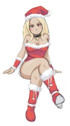  bad_link bell blonde_hair blush_stickers boots breasts cleavage collar crossed_legs dark-skinned_female dark_skin female gravity_daze hat highres kekekeke kitten_(gravity_daze) long_hair medium_breasts neck_bell red_eyes santa_costume santa_hat sitting solo 