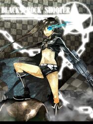  bikini bikini_top_only black_hair black_rock_shooter black_rock_shooter_(character) black_shorts blue_eyes boots coat commentary_request female gun highres laio no_shirt open_mouth photoshop_(medium) shorts solo swimsuit sword twintails weapon 