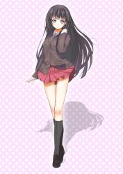  black_hair black_socks blazer body_blush commentary_request crossed_legs female flat_chest full_body hair_flip highres jacket kagerou_(shadowmage) loafers long_hair looking_at_viewer neck_ribbon original pink_background pleated_skirt polka_dot polka_dot_background purple_eyes ribbon school_uniform shadow shoes skirt smile socks solo standing watson_cross 