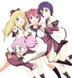  4girls akaza_akari aqua_eyes black_hair blonde_hair blue_eyes commentary_request funami_yui layered_sleeves long_hair long_sleeves multiple_girls nanamori_school_uniform photoshop_(medium) pink_hair purple_eyes red_hair school_uniform serafuku short_hair short_over_long_sleeves short_sleeves toshinou_kyouko touge_hiro yellow_eyes yoshikawa_chinatsu yuru_yuri 