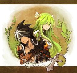  1boy black_hair character_name coat commentary_request elsword expressionless female gloves grand_archer_(elsword) green_eyes green_hair ivy60530 long_hair multicolored_hair photoshop_(medium) raven_cronwell reckless_fist_(elsword) rena_erindel spiked_hair streaked_hair two-tone_hair white_hair yellow_eyes 