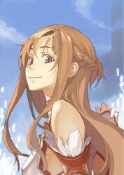  armor asuna_(sao) braid brown_eyes brown_hair commentary detached_sleeves female long_hair murasaki_hisato smile sword_art_online upper_body 