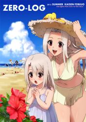  1boy 3girls :d alternate_costume artoria_pendragon_(fate) bad_id bad_pixiv_id beach blonde_hair blush bow breasts brown_hair cleavage cloud cumulonimbus_cloud day dress dual_wielding emiya_kiritsugu english_text fate/zero fate_(series) father_and_daughter flower food fruit grey_hair gun hand_on_headwear hat hibiscus highres holding illyasviel_von_einzbern interlocked_fingers irisviel_von_einzbern large_breasts legs_together long_hair mother_and_daughter multiple_girls navel open_mouth outdoors own_hands_clasped own_hands_together red_eyes red_flower saber_(fate) sky smile straw_hat suikawari sun_hat umishima_senbon watermelon weapon 