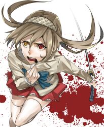  blood blood_splatter brown_hair commentary female hairband heterochromia laio microphone original photoshop_(medium) red_eyes skirt solo sword thighhighs weapon yellow_eyes 