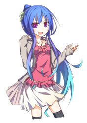  :d alternate_costume alternate_hairstyle black_thighhighs blue_hair casual commentary_request contemporary female hinanawi_tenshi hood hoodie ichiyan leaf long_hair looking_at_viewer multicolored_hair no_headwear oerba_yun_fang open_mouth ponytail purple_eyes simple_background skirt smile solo thighhighs touhou two-tone_hair white_background zettai_ryouiki 