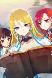  3girls blonde_hair blue_hair book brooch brown_hair detached_collar earrings gloves hair_ornament hairpin holding jacket jewelry lowres lucca_(sword_girls) multiple_girls open_book orange_eyes photoshop_(medium) red_eyes red_hair rose_pacifica smile sword_girls troly vernika_answer 