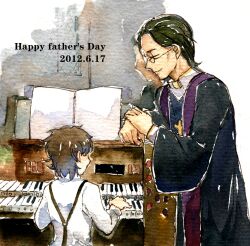  2boys aged_down black_hair commentary_request cross cross_necklace dated fate/zero fate_(series) father&#039;s_day father_and_son glasses highres instrument jewelry kotomine_kirei kotomine_risei lolicon male_focus multiple_boys necklace organ_(instrument) painting_(medium) photoshop_(medium) priest rakuko stole traditional_media watercolor_(medium) wide_sleeves 