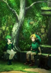  1boy akahige_322-gou bad_id bad_pixiv_id belt boots deku_shield female green_eyes green_hair hair_intakes hat instrument link ocarina photoshop_(medium) pointy_ears ruins saria_(zelda) shield short_hair sitting stairs sword the_legend_of_zelda the_legend_of_zelda:_ocarina_of_time tree tunic weapon wooden_shield 