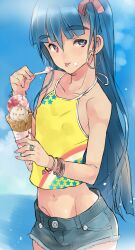  1boy :p blue_hair bracelet coin_rand commentary_request covered_nipples cutoffs dark-skinned_male dark_skin denim denim_shorts eyebrows food hair_ribbon halterneck heart heart-shaped_pupils ice_cream ice_cream_cone jewelry long_hair male_focus meguru_(rand) midriff navel original otoko_no_ko red_eyes ribbon ring short_shorts shorts smile solo spoon standing symbol-shaped_pupils tank_top tongue tongue_out 