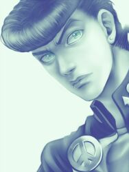  1boy bad_id bad_pixiv_id blue_theme diamond_wa_kudakenai higashikata_josuke jojo_no_kimyou_na_bouken kito0889 male_focus monochrome peace_symbol pompadour school_uniform solo 