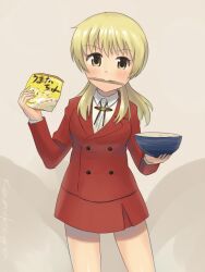  bad_link bowl chopsticks female food hidamari_sketch kanokoga miyako_(hidamari_sketch) mouth_hold noodles pack_noodles ramen solo 