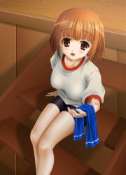  bike_shorts blush brown_eyes brown_hair commentary_request female giving gym_uniform kashii_airi mushoku_no_hourousha open_mouth outstretched_arm rou-kyuu-bu! short_hair sitting sitting_on_stairs solo stairs towel 