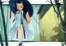  absurdres animal_ears bamboo bamboo_forest blonde_hair blue_eyes clog_sandals female fixed forest fox_ears fox_tail highres japanese_clothes karakasa_obake kitsune_(poko) nature oriental_umbrella original poco_(asahi_age) poko scan shiratama_kitsune short_hair solo standing tabi tail tongue tree_shade umbrella white_legwear 