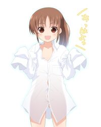  :d blush bottomless brown_eyes brown_hair commentary_request female hyuuga_takashi long_hair naked_shirt navel open_mouth oversized_clothes ponytail saki_(manga) saki_achiga-hen see-through see-through_silhouette shirt simple_background sleeves_past_fingers sleeves_past_wrists smile solo takakamo_shizuno translated white_shirt 