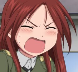  angry blush female military military_uniform minna-dietlinde_wilcke monizumi_ishikawa photoshop red_hair shouting source_request strike_witches uniform yelling 