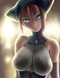  bare_shoulders blue_eyes breasts breath_of_fire breath_of_fire_v brown_hair commentary_request female hat head_tilt highres large_breasts lin_(breath_of_fire) looking_at_viewer solo ueyama_michirou upper_body 