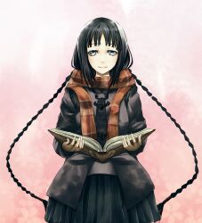  absurdres amano_tooko black_hair blue_eyes book braid bungaku_shoujo commentary_request female highres jacket litlicha long_hair photoshop_(medium) scarf school_uniform skirt solo twin_braids 