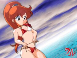  armor bikini bikini_armor blue_background brown_eyes brown_hair caron_(rall) choker commentary_request copyright_name female flat_chest high_ponytail long_hair lumpen pauldrons ponytail red_bikini sf_choujigen_densetsu_rall shiny_skin shoulder_armor side-tie_bikini_bottom smile solo swimsuit wide_ponytail 