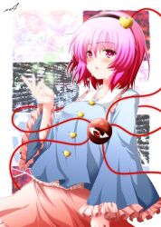  bad_id bad_pixiv_id blush commentary_request eyeball female hairband heart komeiji_satori lights long_sleeves open_mouth pink_eyes pink_hair shirt short_hair skirt solo tears third_eye touhou wide_sleeves yua_(checkmate) 