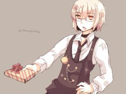  1boy alternate_costume choker commentary_request gift glasses karunabaru male_focus morichika_rinnosuke necktie open_mouth pendant_watch ribbon solo touhou watch white_hair yellow_eyes 