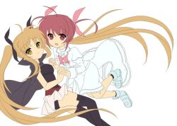  2girls bad_id bad_pixiv_id blonde_hair brown_hair fate_testarossa hair_ribbon lyrical_nanoha magical_girl mahou_shoujo_lyrical_nanoha mahou_shoujo_lyrical_nanoha_the_movie_1st multiple_girls ribbon short_twintails takamachi_nanoha thighhighs twintails umeko_(koori_ume) 