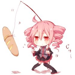  ahoge baguette boots bread chibi commentary_request detached_sleeves drill_hair female fishing_rod food hanging_food kasane_teto niwako pink_eyes pink_hair skirt solo sweatdrop thigh_boots thighhighs twin_drills twintails utau 