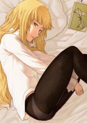  bed_sheet between_thighs blonde_hair book bookmark commentary_request female glasses kuro_ari_(pixiv) lips long_hair looking_at_viewer lying on_side panties panties_under_pantyhose pantyhose perrine_h._clostermann photoshop_(medium) shirt solo strike_witches underwear unworn_eyewear white_shirt world_witches_series yellow_eyes 