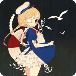  anchor ayu_(mog) bad_id bad_pixiv_id bird blonde_hair blue_eyes blush braid clothes_lift dress dress_lift eyepatch female grin hat innertube long_hair original sailor_hat smile solo swim_ring twin_braids twintails 